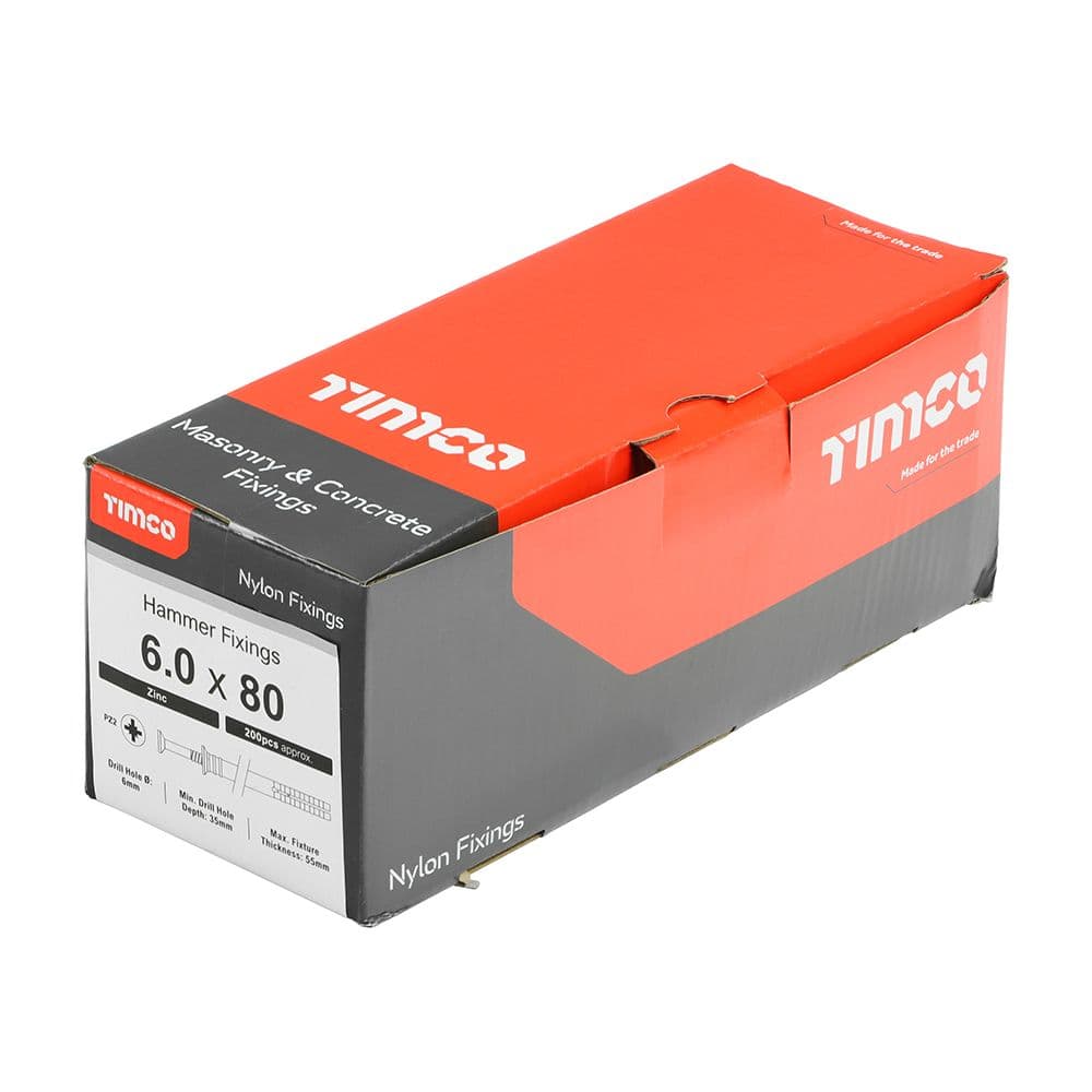 TIMCO 6.0 x 80 Nylon Hammer Fixing - PZ - Zinc - Box of 200