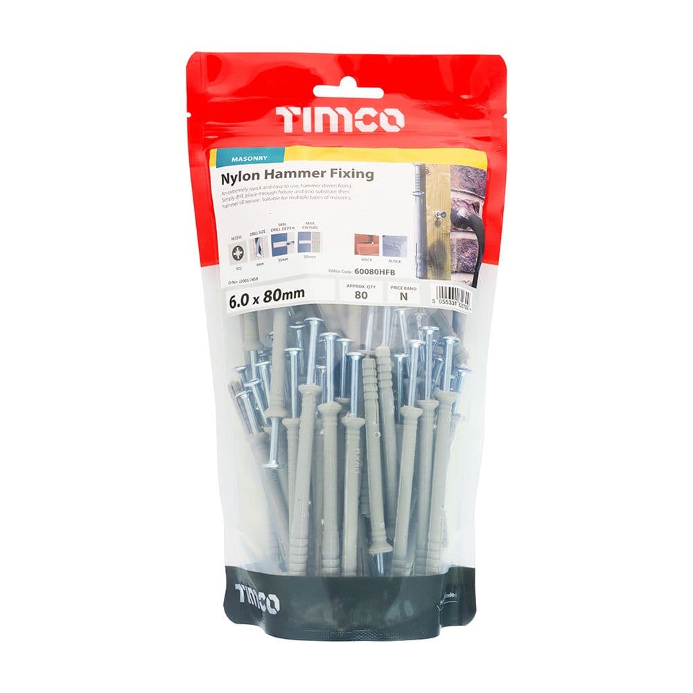 TIMCO 6.0 x 80 Nylon Hammer Fixings - PZ - Zinc - Bag of 80