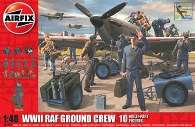 AX04702  WWII RAF Ground Crew. 10 figures and one dog. 1 trolley accumulator, 1 ammunition trolley,