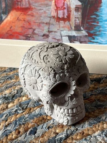 Concrete Floral Skull Ornament