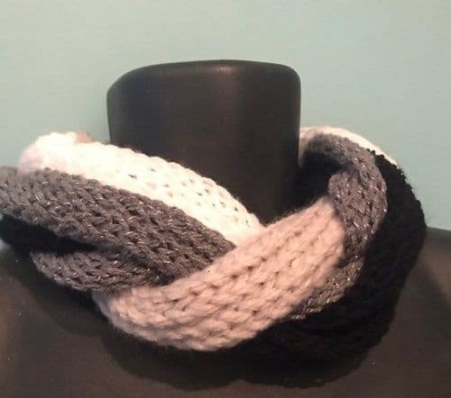 Handknitted Infinity Scarf, Neutrals, Stone, White and Black, French Knitting, Unisex Gift Idea