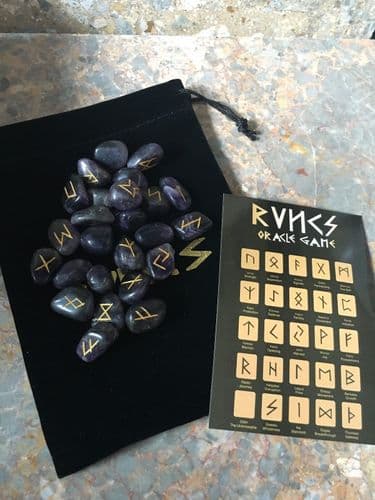 Rune Stones - Amethyst Crystal Divination Runes with Pouch & Symbol Sheet