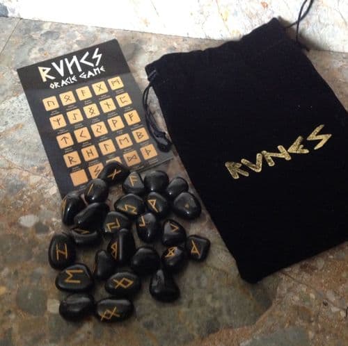 Rune Stones - Black Agate Crystal with Pouch & Symbol Sheet (Handmade)