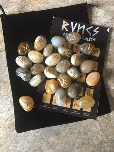 Rune Stones - Fancy Agate Crystal Divination Runes Pouch Symbol Sheet