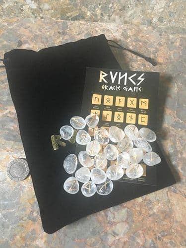 Rune Stones - Rock Quartz Crystal Divination Runes with Pouch & Symbol Sheet (Handmade)