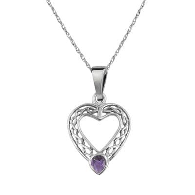 Celtic Silver Heart Pendant with Amethyst colour stone 9146