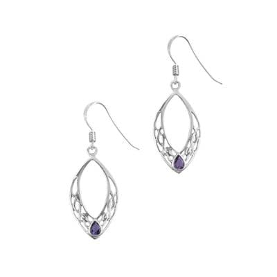 Celtic Silver Oval Drop Earrings with Amethyst colour stone 0696