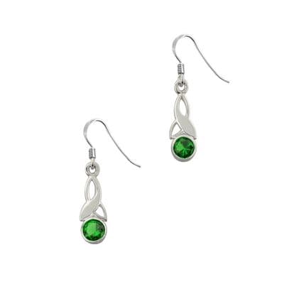 Celtic Trinity Knot Silver Birthstone Drop Earrings Small May - Emerald 9016