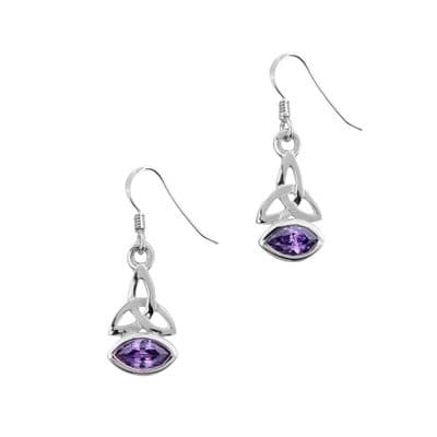 Celtic Trinity Knot Silver Drop Earrings with Amethyst colour stone 0739