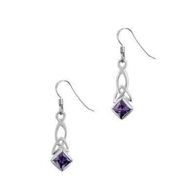 Celtic Trinity Knot Silver Drop Earrings with Amethyst colour stone 0741