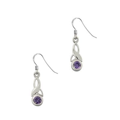 Celtic Trinity Knot Silver Drop Earrings with Amethyst colour stone 0745