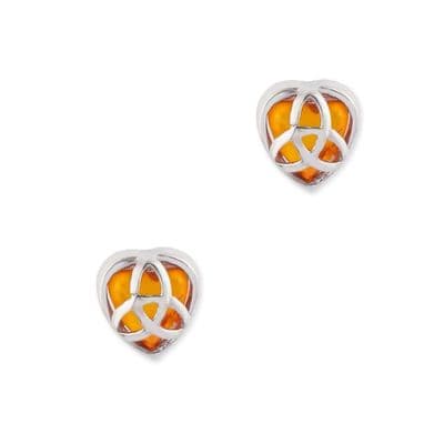 Celtic Trinity Knot Silver Heart Stud Earrings with Amber 9672
