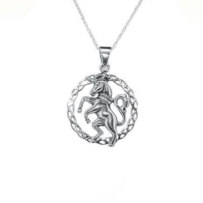 Celtic Unicorn Silver Round Pendant 1024