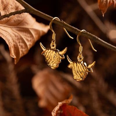 Hamish Highland Cow Scottish Drop Earrings Gold Finish 2405G