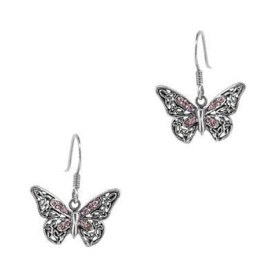 Jacobean Butterfly Silver Drop Earrings with Amethyst colour stones 9884