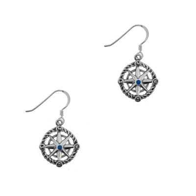 Outlander Inspired Compass Silver Drop Earrings with Sapphire colour stone 1010