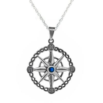 Outlander Inspired Compass Silver Pendant with Sapphire colour stone 1009