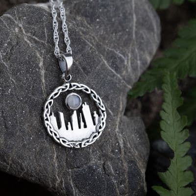 Outlander Inspired Standing Stones Silver Pendant Small with Moonstone 9694