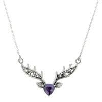 Scottish Highland Stag Silver Necklace with Amethyst colour stone 9831