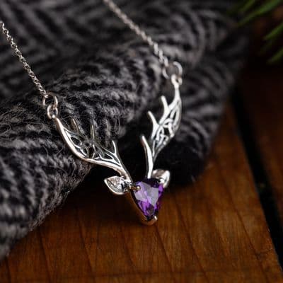 Scottish Highland Stag Silver Necklace with Amethyst colour stone 9831