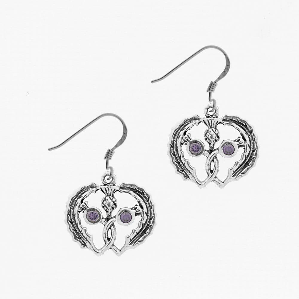 Scottish Thistle Heart Silver Earrings with Marcasite and Amethyst colour  Stone 1917
