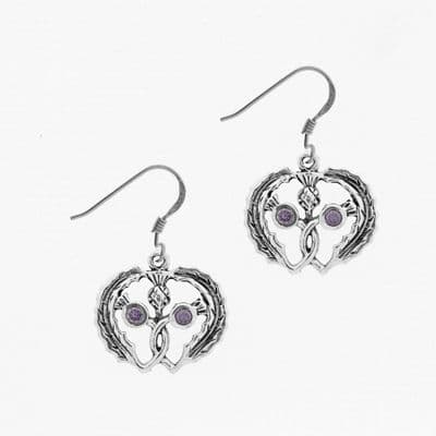 Scottish Thistle Heart Silver Earrings with Marcasite and Amethyst colour Stone 1917