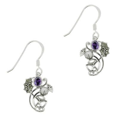 Scottish Thistle Marcasite Drop Earrings with Amethyst 9890