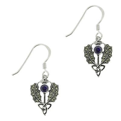 Scottish Thistle Marcasite Drop Earrings with Amethyst 9892