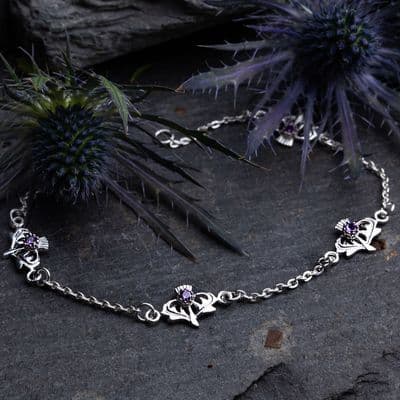 Scottish Thistle Silver Bracelet with Amethyst colour stones 0636