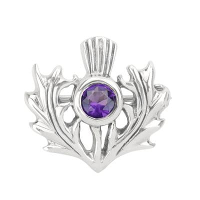 Scottish Thistle Silver Brooch with Amethyst colour stone 0726