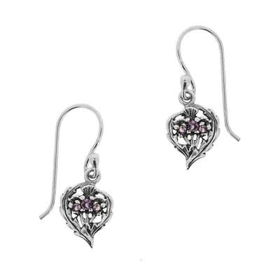 Scottish Thistle Silver Drop Earrings with Amethyst colour stones 1043