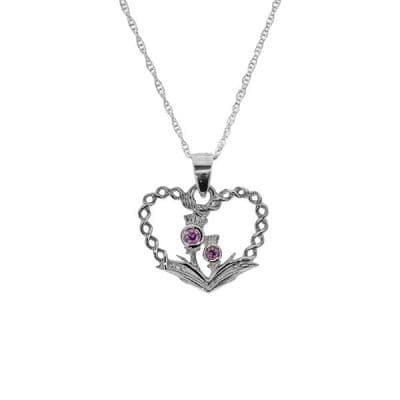 Scottish Thistle Silver Heart Pendant with Amethyst colour stones 1087