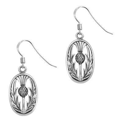 Scottish Thistle Silver Oval Drop Earrings 0537