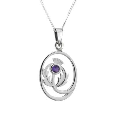 Scottish Thistle Silver Oval Pendant with Amethyst colour stone 0810