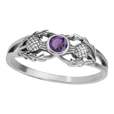 Scottish Thistle Silver Ring with Amethyst colour stone 0502