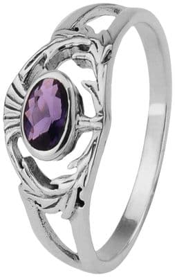 Scottish Thistle Silver Ring with Amethyst colour stone 0614
