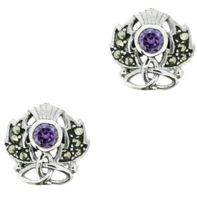 Scottish Thistle Silver Stud Earrings with Marcasite & Amethyst colour stone 9894