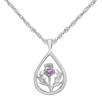 Scottish Thistle Silver Teardrop Pendant with Amethyst colour stone 9429