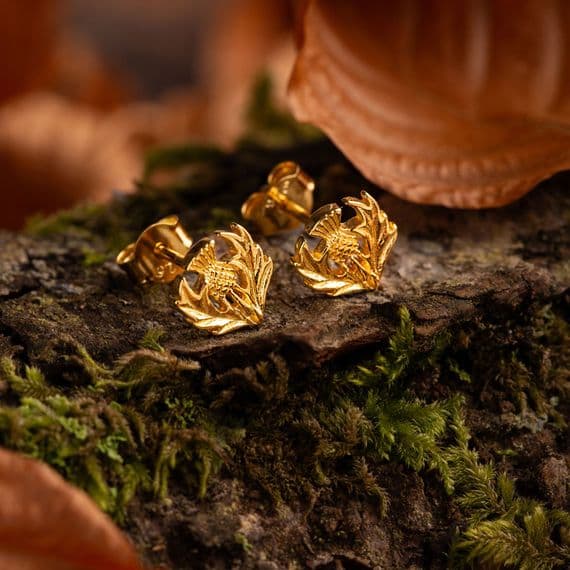 Scottish Thistle Small Stud Earrings Gold Finish 0383G
