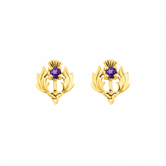 Scottish Thistle Stud Earrings Gold Finish with Amethyst Stone 9145G