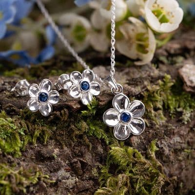 Sterling Silver Outlander 'Forget Me Not' Stud Earrings with Sapphire 2608