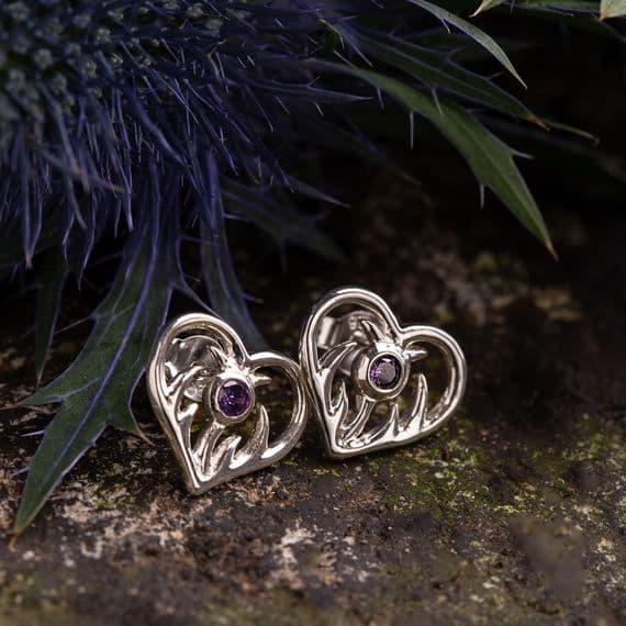 Sterling Silver Thistle Heart Stud Earrings with Amethyst 2607