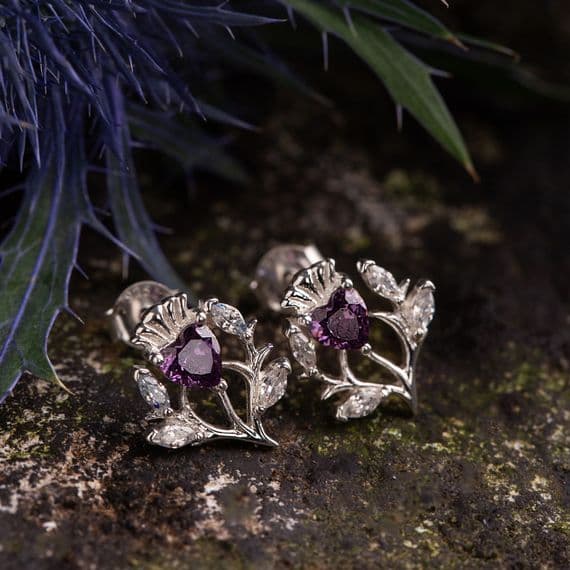 Sterling Silver Thistle Single Stud Earrings with Amethyst 2614