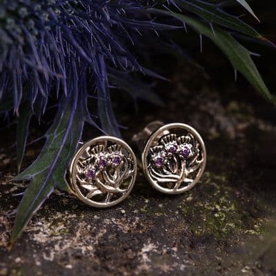 Sterling Silver Thistle Stud Earrings with Amethyst 2605