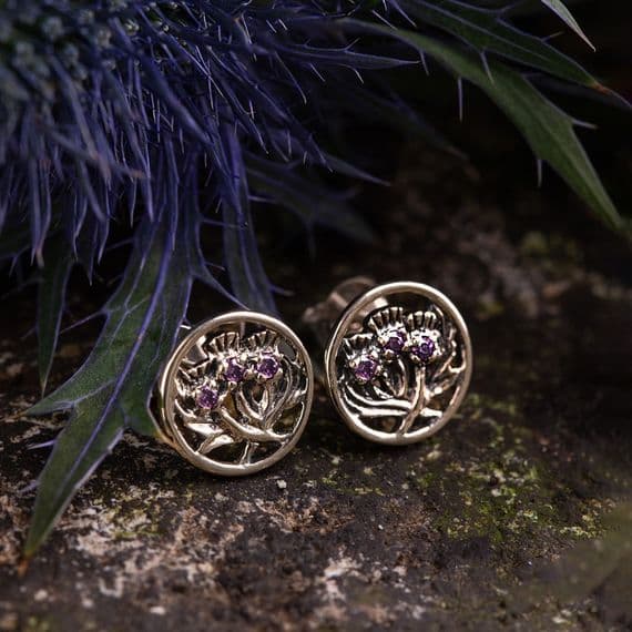 Sterling Silver Thistle Stud Earrings with Amethyst 2605