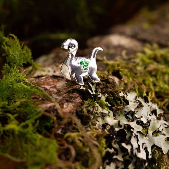 Sterling Silver Wee Nessie Loch Ness Monster Scottish Bead Charm with Emerald Stones 2612