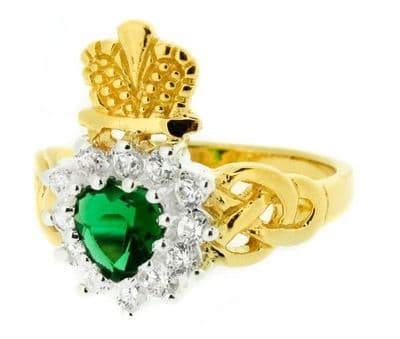 Vintage Gold Plated Claddagh Ring Emerald Colour Stone 9901