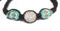 SHAMBALLA BLACK BRACELET with CRYSTAL BALL  & 2 turquoise SKULLS with silver coloured beads 3708