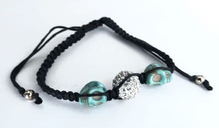 SHAMBALLA BLACK BRACELET with CRYSTAL BALL & 2 turquoise SKULLS with silver coloured beads 3708
