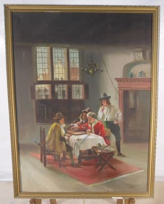 Gilt Framed Canvas - Jacobean Scene Gentlemen Seated at Table